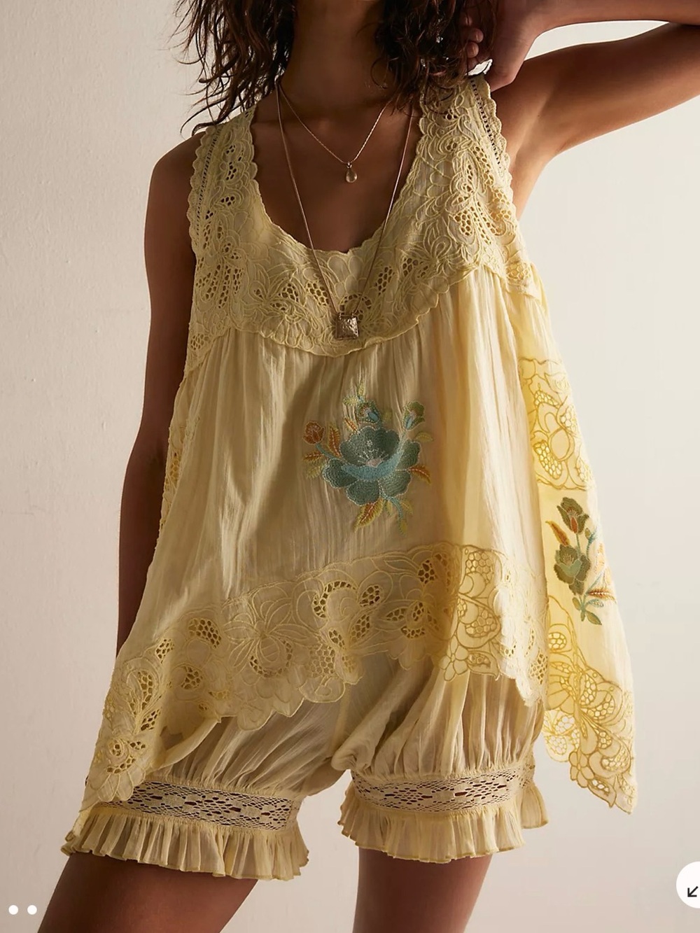 0077.New $148   Free People Eye Catcher Bloomsie Romper Lace-Trim Yellow Embroid